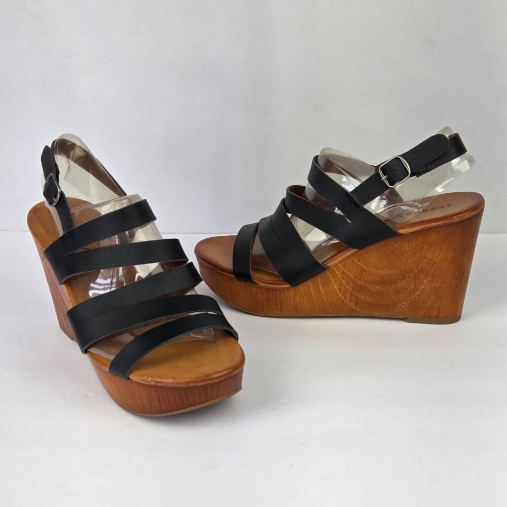 Lucky Brand Marinaa Black Leather Strappy Wedge Sandals 8M